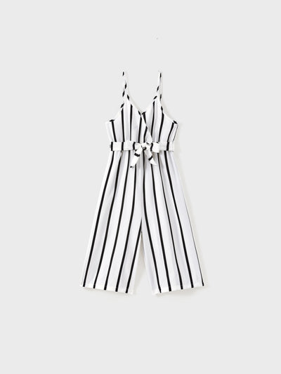 Kid Girl Stripe Surplice Neck Belted Cami Jumpsuits White