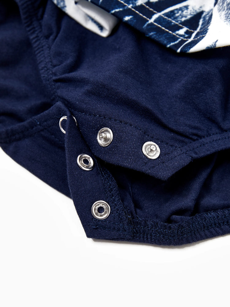 Mommy and Me Family Matching Cotton Tee Flora Print Splicing Shirt or Tank Dress Deep Blue