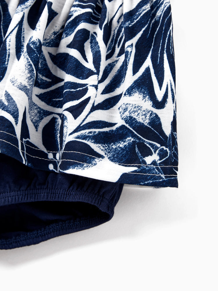 Mommy and Me Family Matching Cotton Tee Flora Print Splicing Shirt or Tank Dress Deep Blue