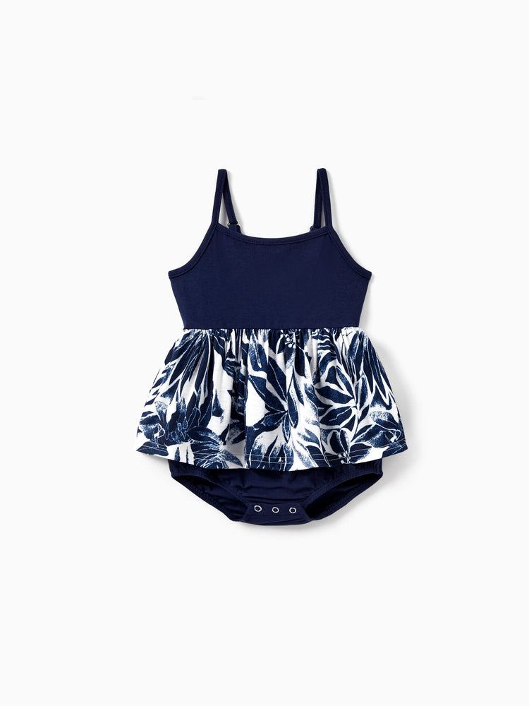 Mommy and Me Family Matching Cotton Tee Flora Print Splicing Shirt or Tank Dress Deep Blue
