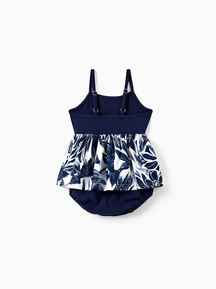 Mommy and Me Family Matching Cotton Tee Flora Print Splicing Shirt or Tank Dress Deep Blue