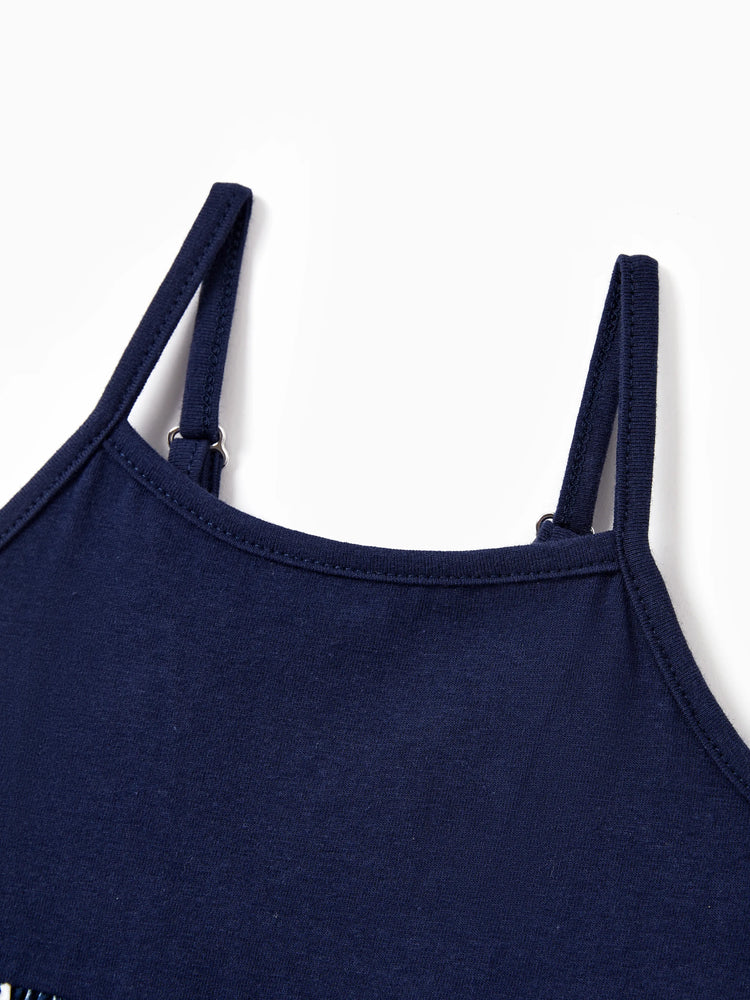 Mommy and Me Family Matching Cotton Tee Flora Print Splicing Shirt or Tank Dress Deep Blue