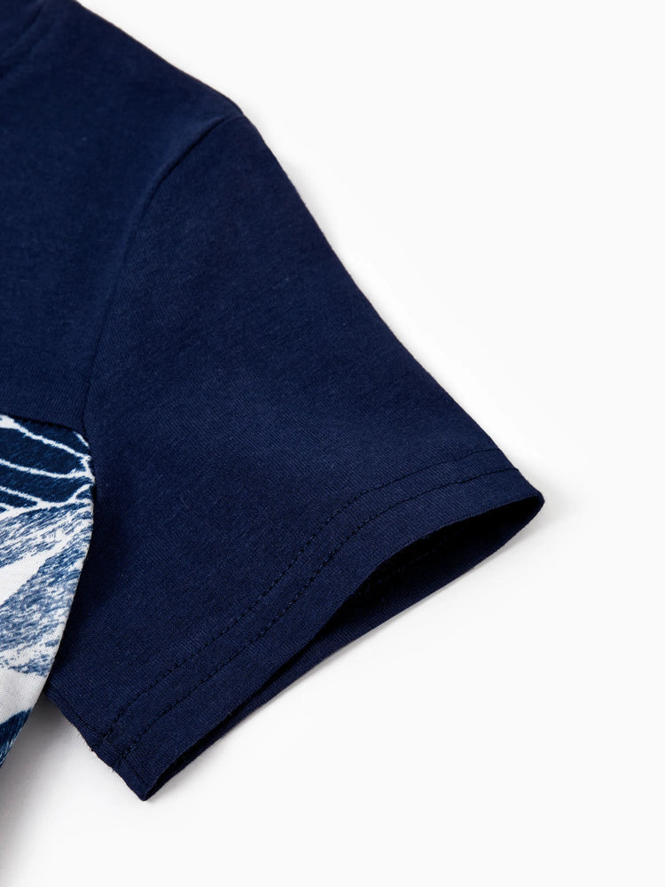 Daddy and Me Family Matching Cotton Tee Flora Print Splicing Shirt or Tank Dress Deep Blue