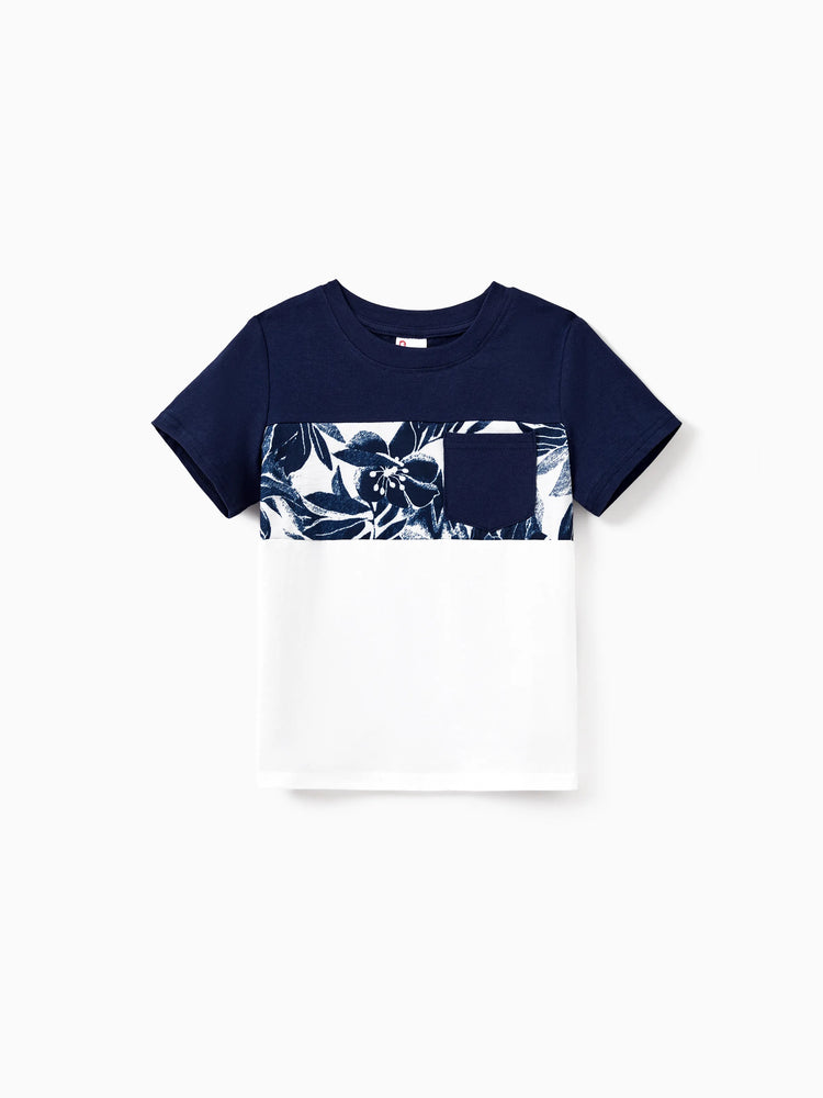 Daddy and Me Family Matching Cotton Tee Flora Print Splicing Shirt or Tank Dress Deep Blue