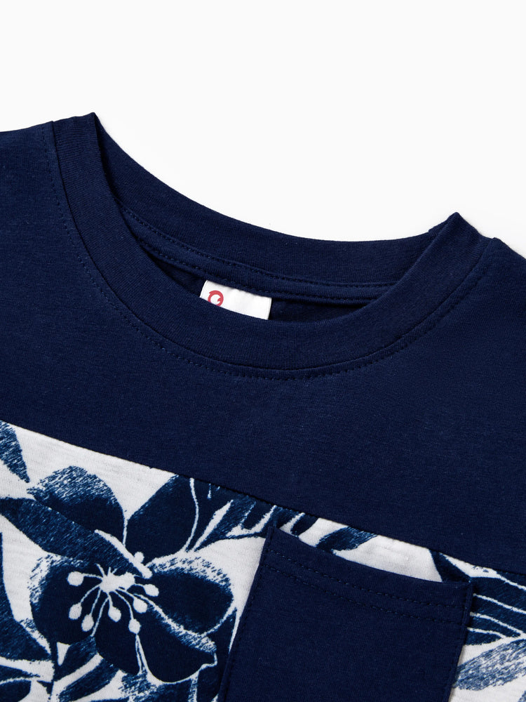 Daddy and Me Family Matching Cotton Tee Flora Print Splicing Shirt or Tank Dress Deep Blue
