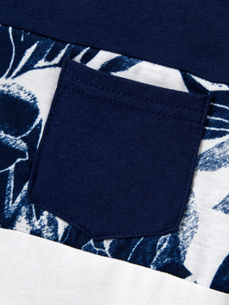 Daddy and Me Family Matching Cotton Tee Flora Print Splicing Shirt or Tank Dress Deep Blue