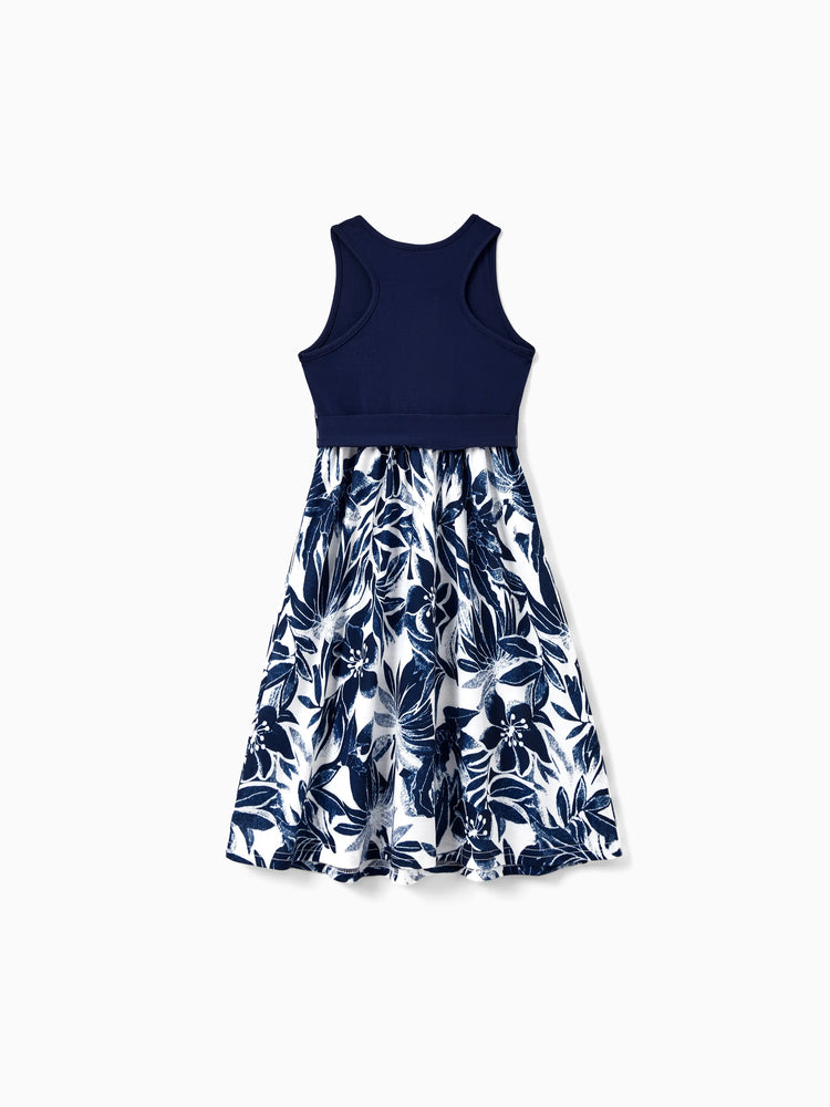Mommy and Me Family Matching Cotton Tee Flora Print Splicing Shirt or Tank Dress Deep Blue