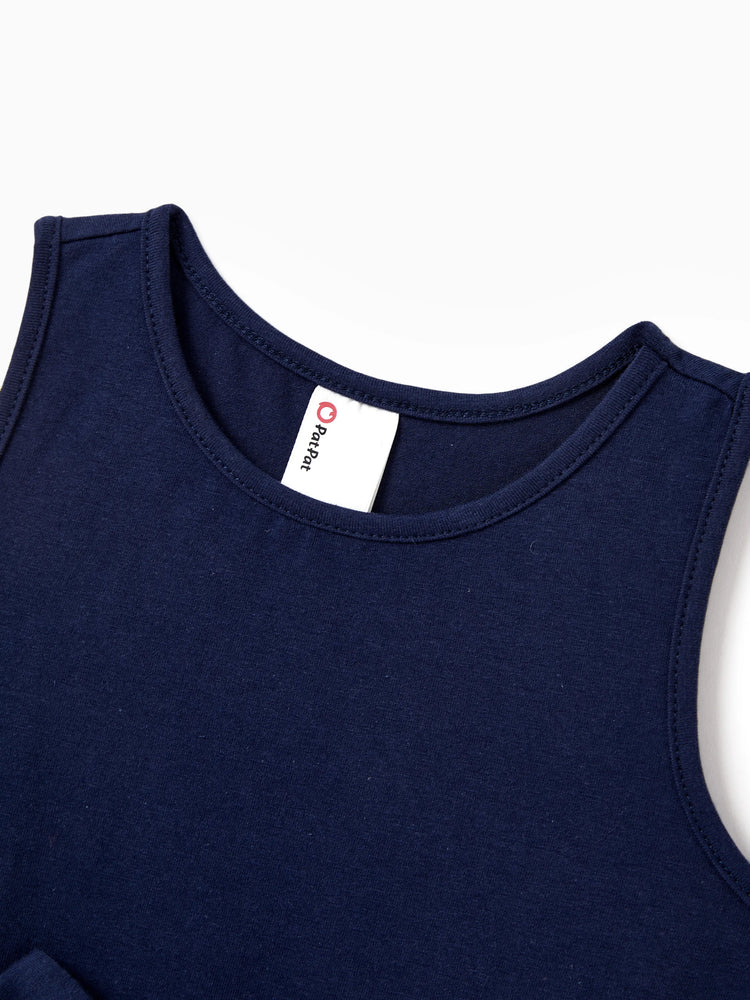 Mommy and Me Family Matching Cotton Tee Flora Print Splicing Shirt or Tank Dress Deep Blue