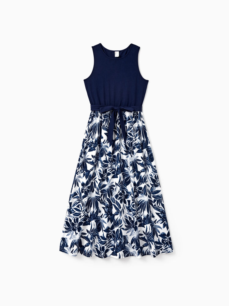 Mommy and Me Family Matching Cotton Tee Flora Print Splicing Shirt or Tank Dress Deep Blue