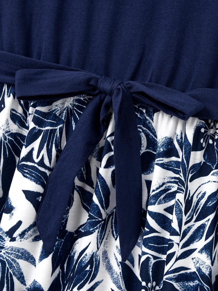 Mommy and Me Family Matching Cotton Tee Flora Print Splicing Shirt or Tank Dress Deep Blue