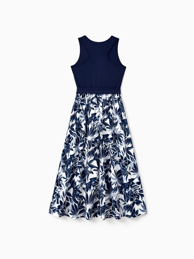 Mommy and Me Family Matching Cotton Tee Flora Print Splicing Shirt or Tank Dress Deep Blue