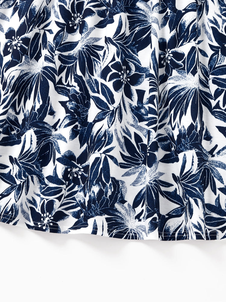 Mommy and Me Family Matching Cotton Tee Flora Print Splicing Shirt or Tank Dress Deep Blue