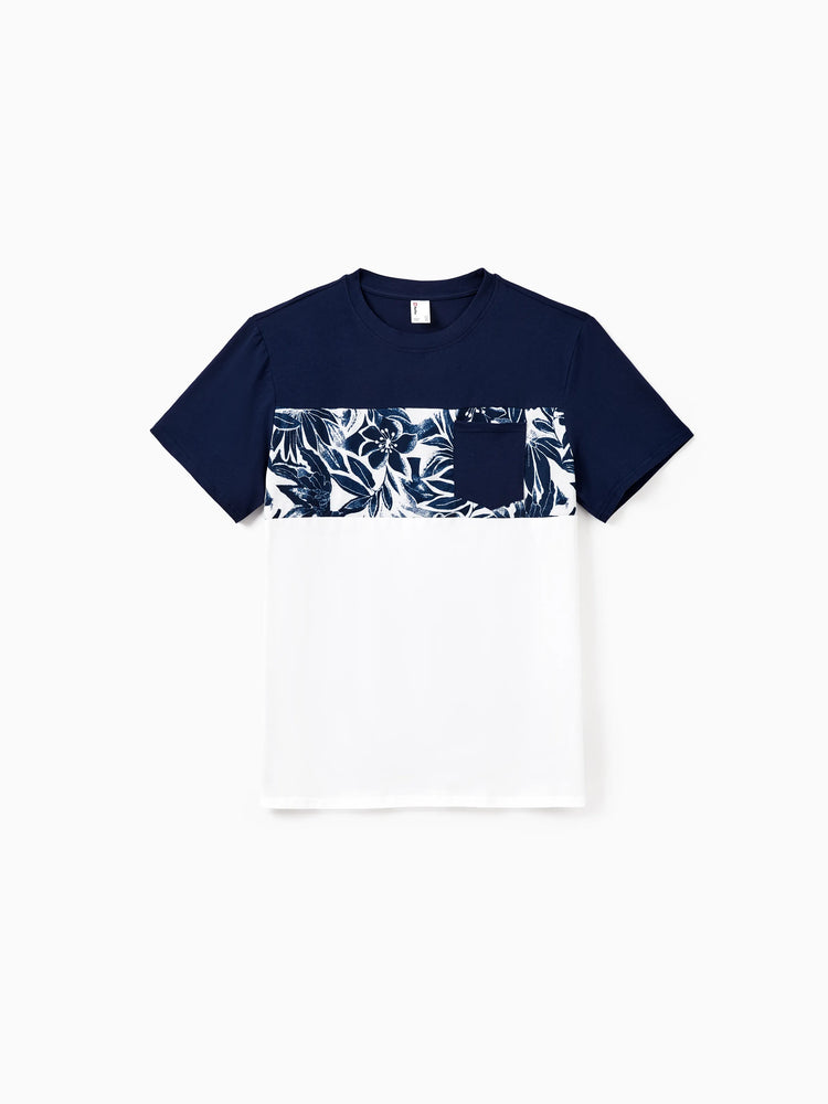 Daddy and Me Family Matching Cotton Tee Flora Print Splicing Shirt or Tank Dress Deep Blue