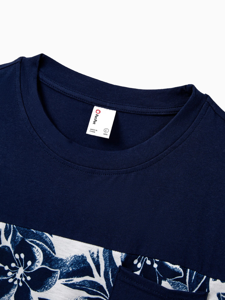 Daddy and Me Family Matching Cotton Tee Flora Print Splicing Shirt or Tank Dress Deep Blue