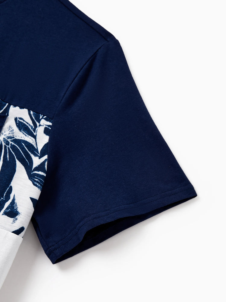 Daddy and Me Family Matching Cotton Tee Flora Print Splicing Shirt or Tank Dress Deep Blue