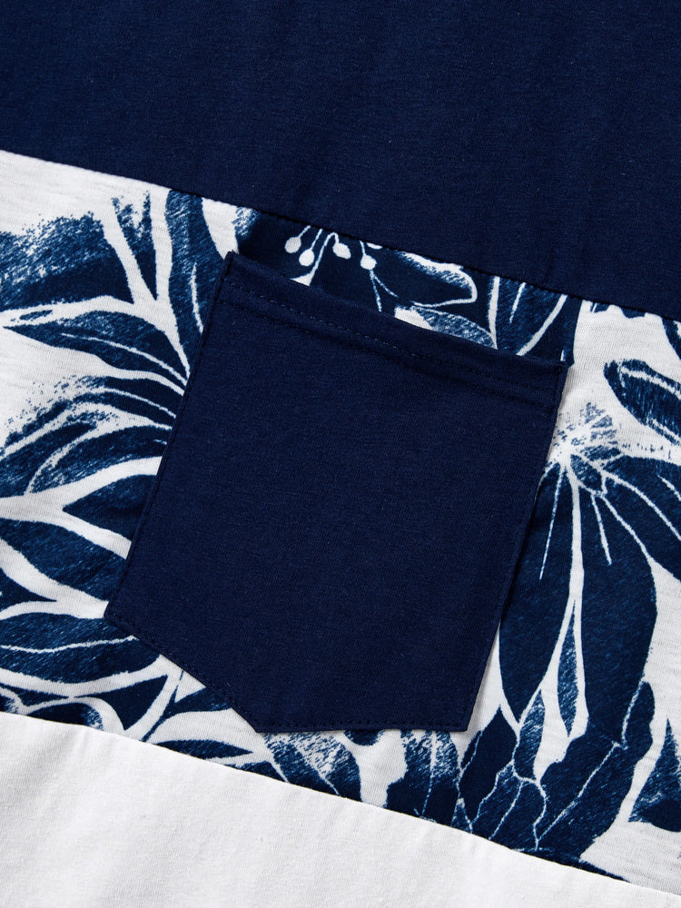 Daddy and Me Family Matching Cotton Tee Flora Print Splicing Shirt or Tank Dress Deep Blue