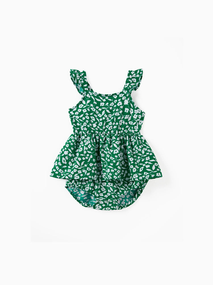 Matching Floral Print Green Smocked Strap Jumpsuits for Mommy and Me Green