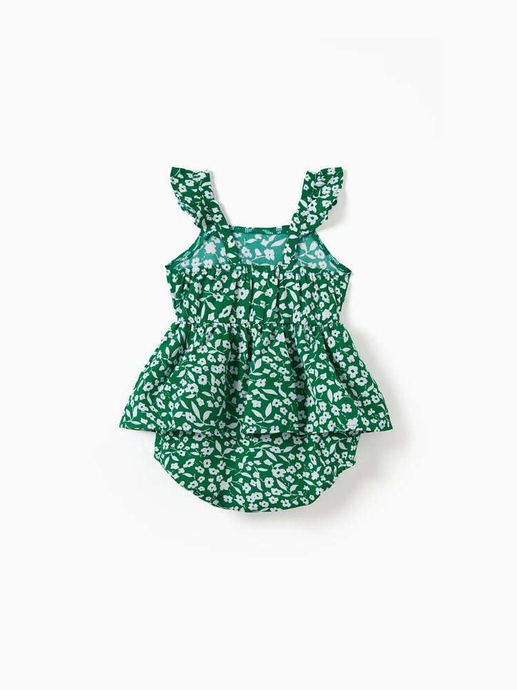 Matching Floral Print Green Smocked Strap Jumpsuits for Mommy and Me Green