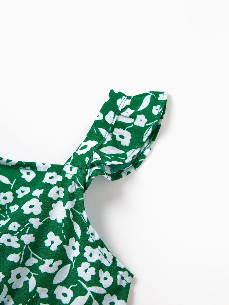 Matching Floral Print Green Smocked Strap Jumpsuits for Mommy and Me Green