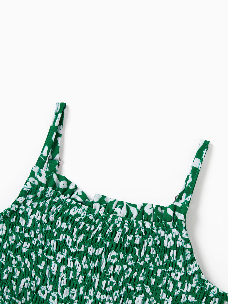 Matching Floral Print Green Smocked Strap Jumpsuits for Mommy and Me Green