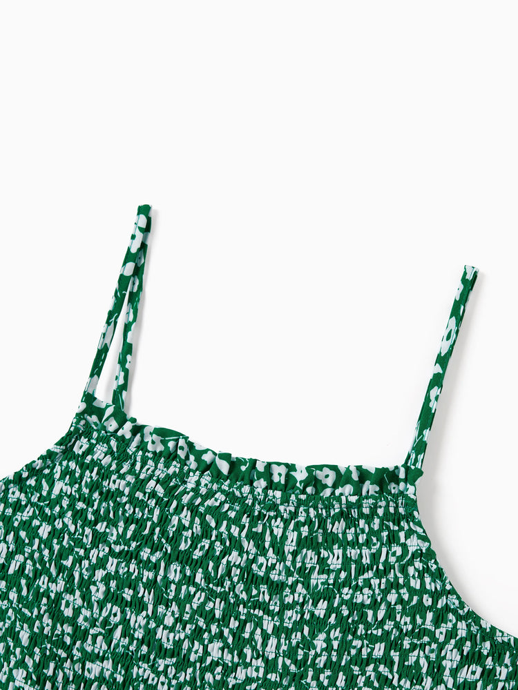 Matching Floral Print Green Smocked Strap Jumpsuits for Mommy and Me Green
