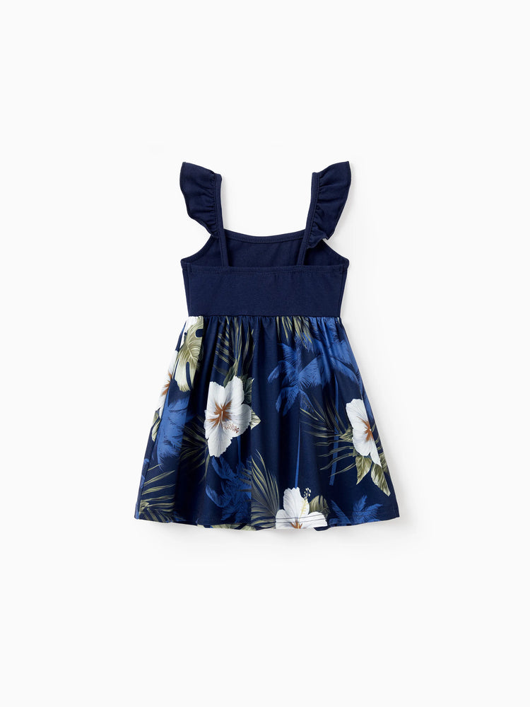 Mommy & me Floral Print Splicing Sleeveless Tank Dress Deep Blue