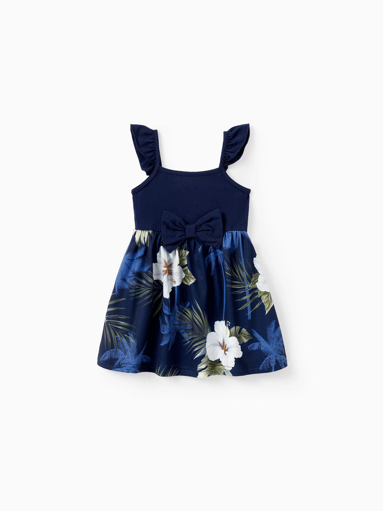 Daddy & Daughter Floral Print Cotton Top Short-sleeve Shirt or Splicing Sleeveless Tank Dress Deep Blue