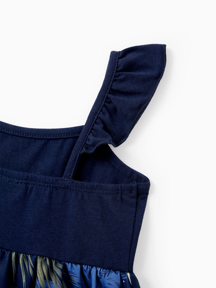 Haut en coton à imprimé floral assorti pour toute la famille, chemise à manches courtes ou robe débardeur sans manches à épissure bleu foncé