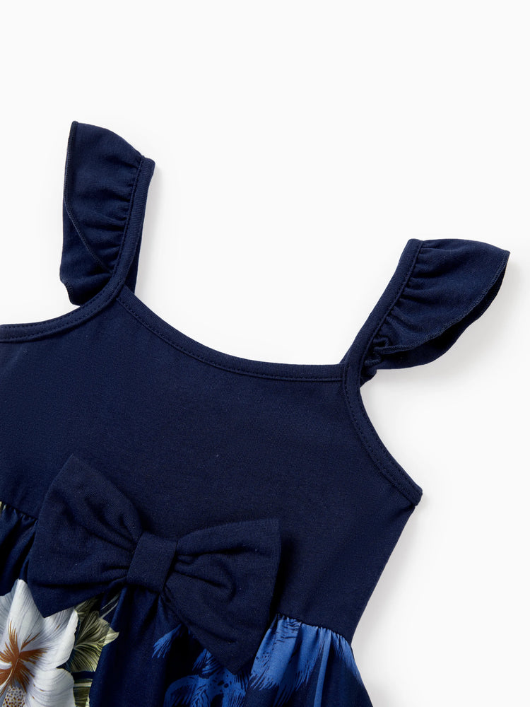 Daddy & Daughter Floral Print Cotton Top Short-sleeve Shirt or Splicing Sleeveless Tank Dress Deep Blue