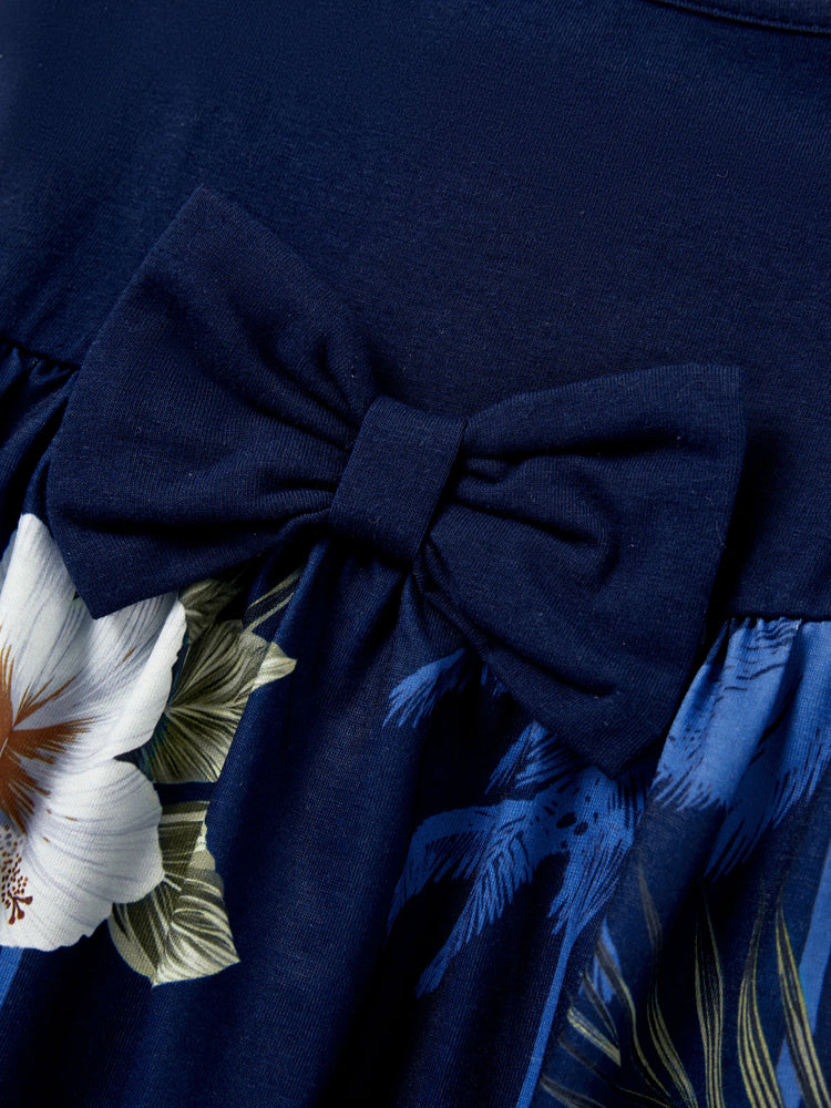 Haut en coton à imprimé floral assorti pour toute la famille, chemise à manches courtes ou robe débardeur sans manches à épissure bleu foncé