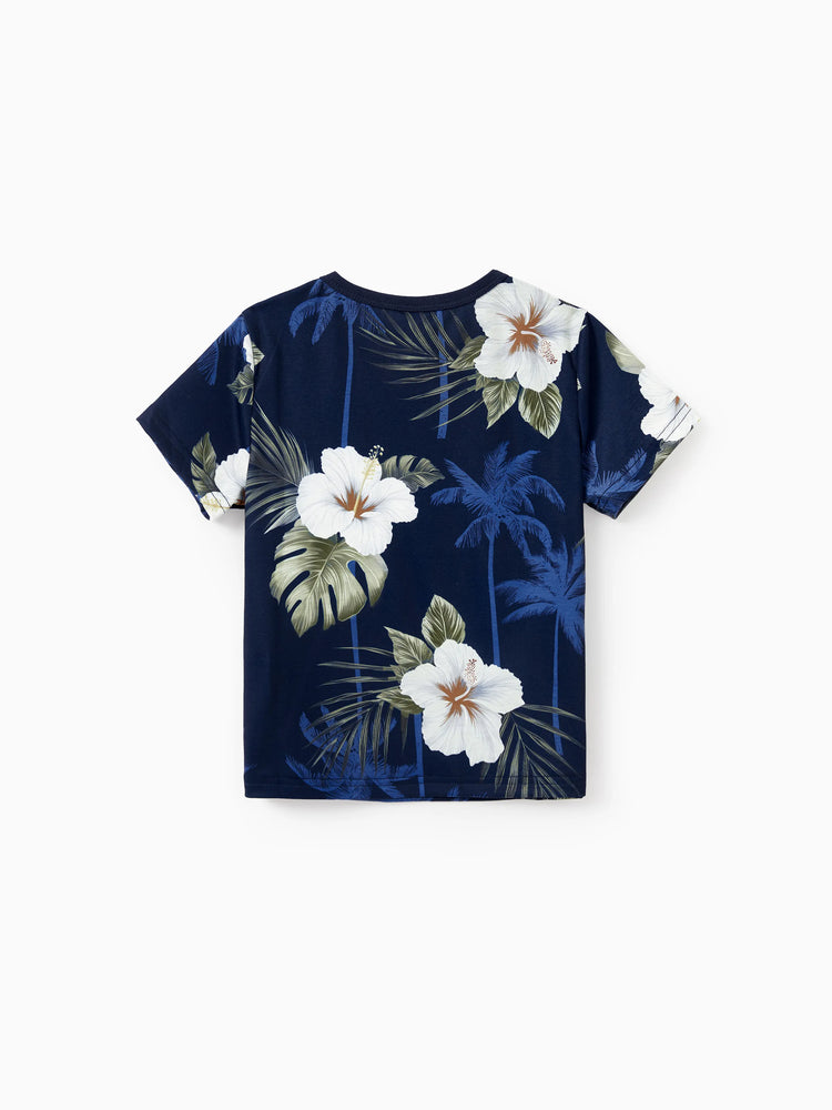 Haut en coton à imprimé floral assorti pour toute la famille, chemise à manches courtes ou robe débardeur sans manches à épissure bleu foncé