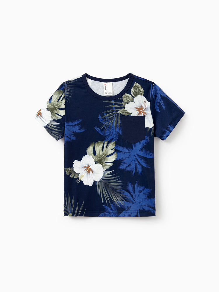Daddy & Son Floral Print Cotton Top Short-sleeve Shirt Deep Blue