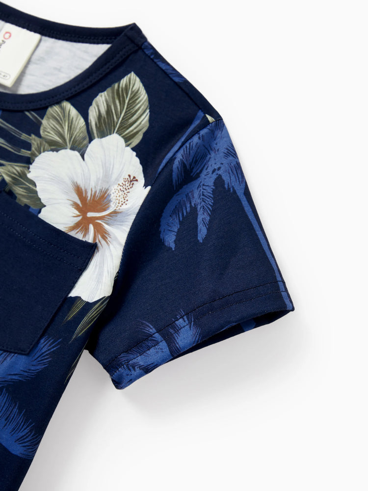 Daddy & Son Floral Print Cotton Top Short-sleeve Shirt Deep Blue