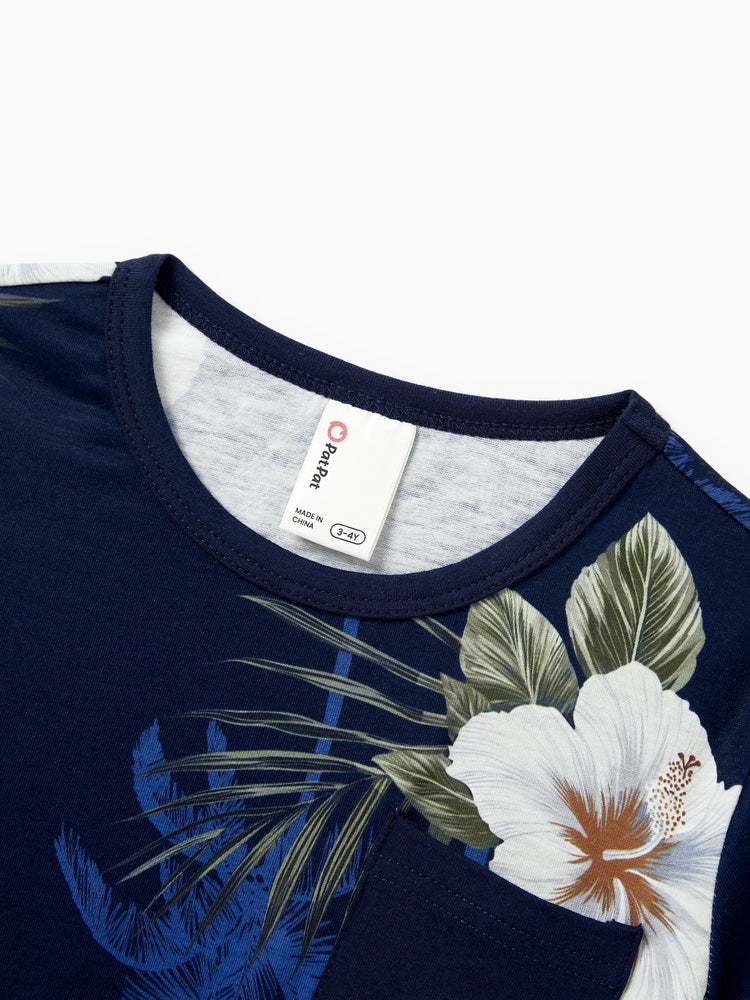 Haut en coton à imprimé floral assorti pour toute la famille, chemise à manches courtes ou robe débardeur sans manches à épissure bleu foncé