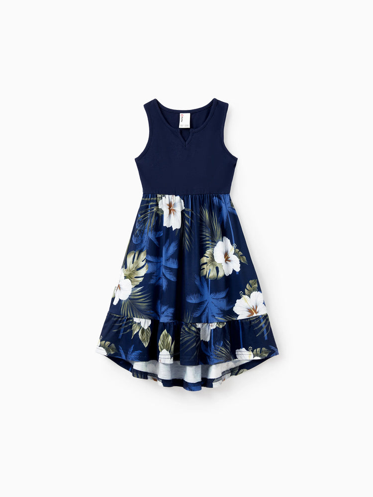 Daddy & Daughter Floral Print Cotton Top Short-sleeve Shirt or Splicing Sleeveless Tank Dress Deep Blue