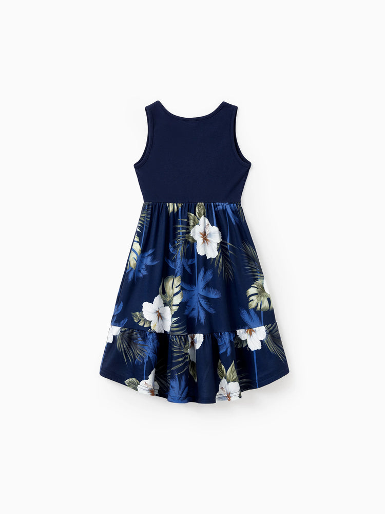 Mommy & me Floral Print Splicing Sleeveless Tank Dress Deep Blue