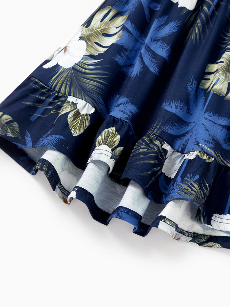 Haut en coton à imprimé floral assorti pour toute la famille, chemise à manches courtes ou robe débardeur sans manches à épissure bleu foncé