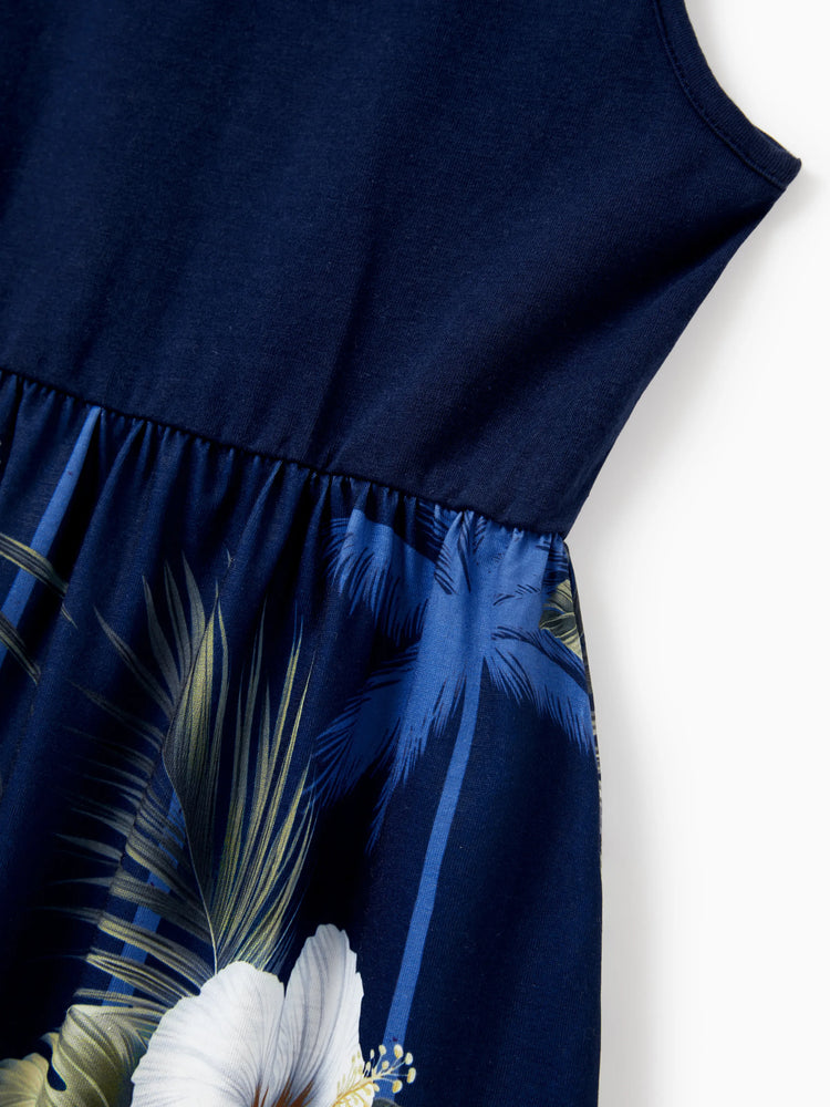 Mommy & me Floral Print Splicing Sleeveless Tank Dress Deep Blue