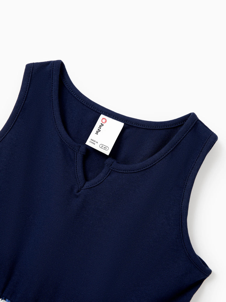 Mommy & me Floral Print Splicing Sleeveless Tank Dress Deep Blue