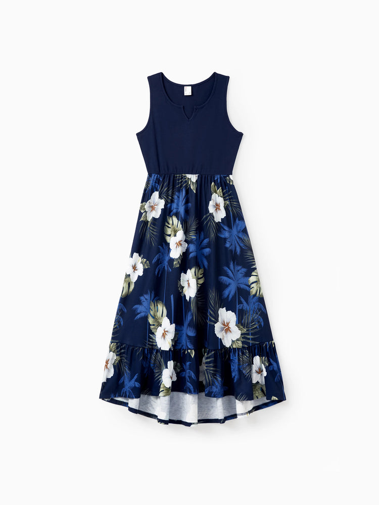 Mommy & me Floral Print Splicing Sleeveless Tank Dress Deep Blue