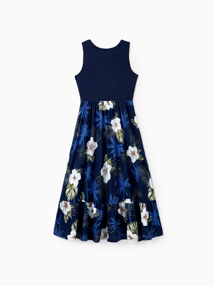 Haut en coton à imprimé floral assorti pour toute la famille, chemise à manches courtes ou robe débardeur sans manches à épissure bleu foncé