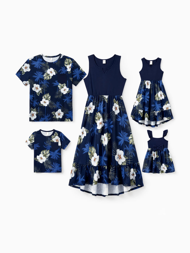 Daddy & Daughter Floral Print Cotton Top Short-sleeve Shirt or Splicing Sleeveless Tank Dress Deep Blue