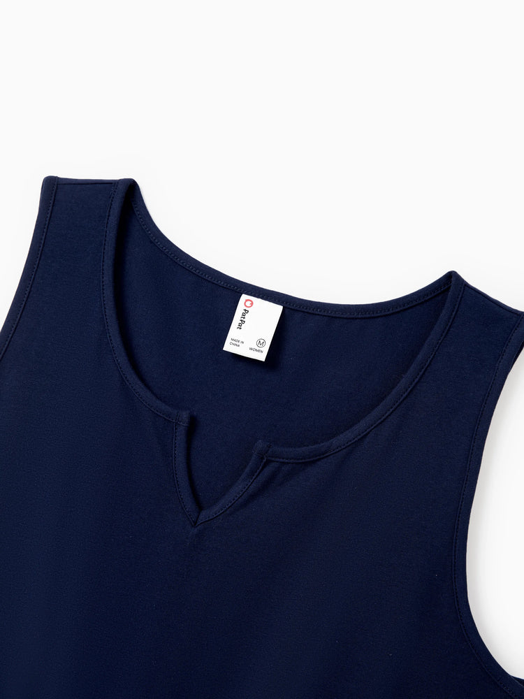 Haut en coton à imprimé floral assorti pour toute la famille, chemise à manches courtes ou robe débardeur sans manches à épissure bleu foncé