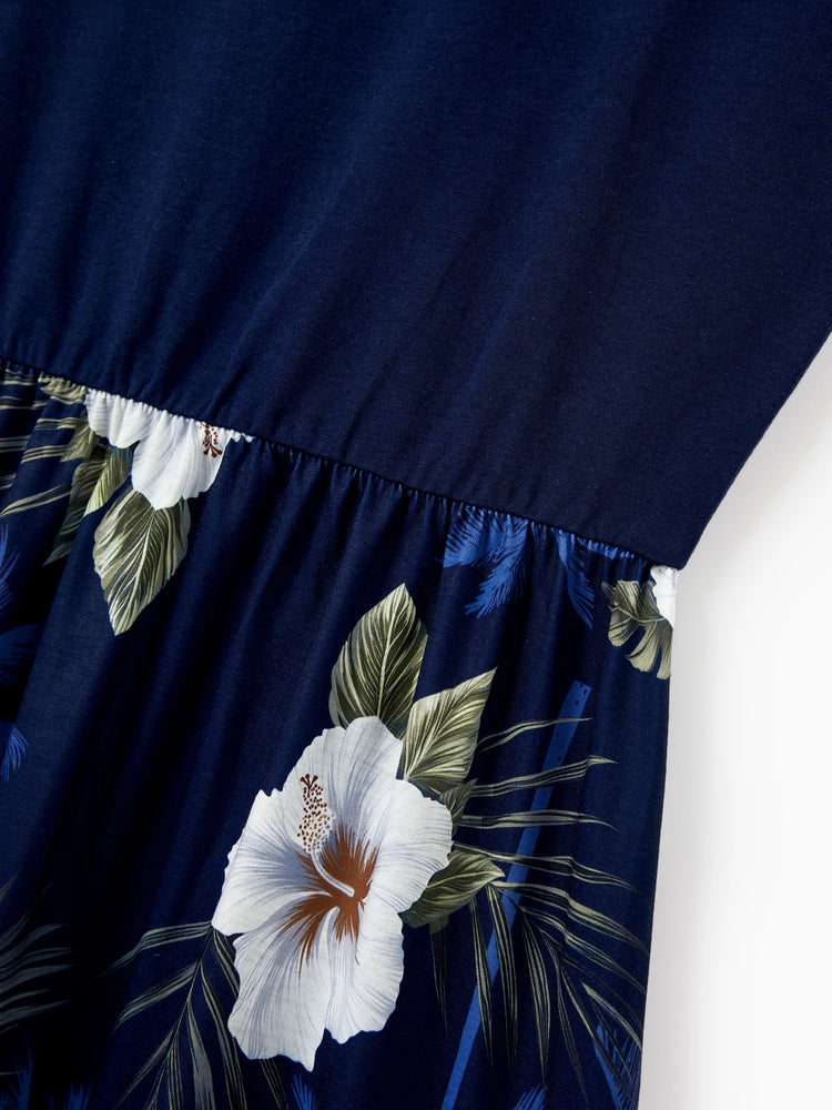 Haut en coton à imprimé floral assorti pour toute la famille, chemise à manches courtes ou robe débardeur sans manches à épissure bleu foncé