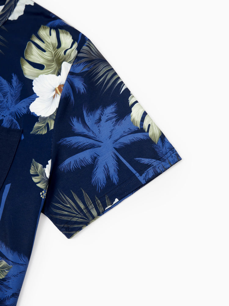 Daddy & Daughter Floral Print Cotton Top Short-sleeve Shirt or Splicing Sleeveless Tank Dress Deep Blue