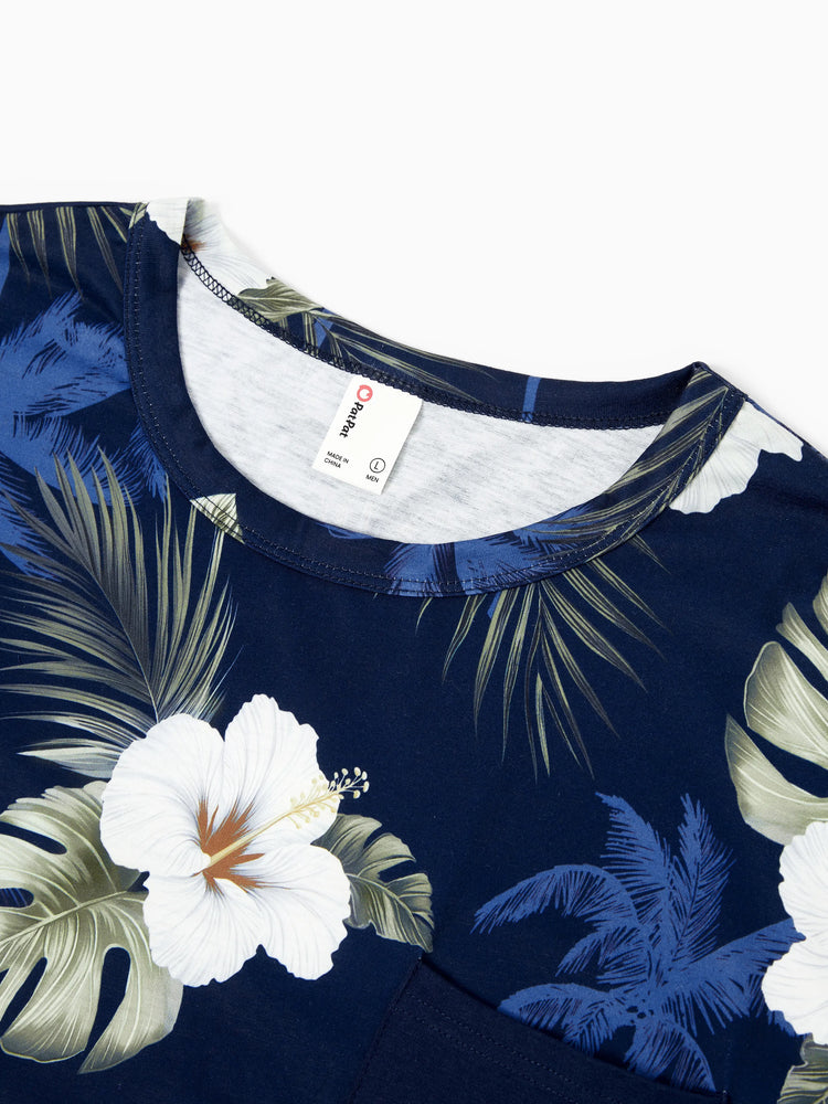 Haut en coton à imprimé floral assorti pour toute la famille, chemise à manches courtes ou robe débardeur sans manches à épissure bleu foncé