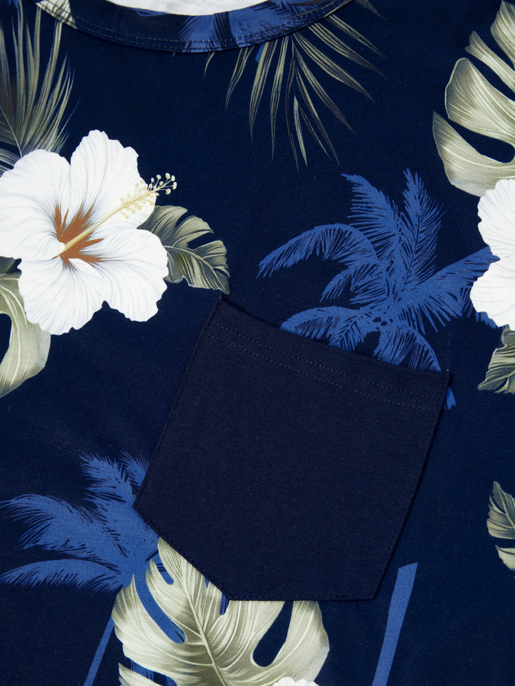 Daddy & Son Floral Print Cotton Top Short-sleeve Shirt Deep Blue