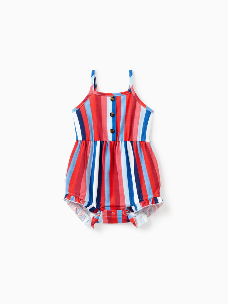 Family Matching Casual Cotton T-shirt or Belted Stripe Dress Set Multi-color