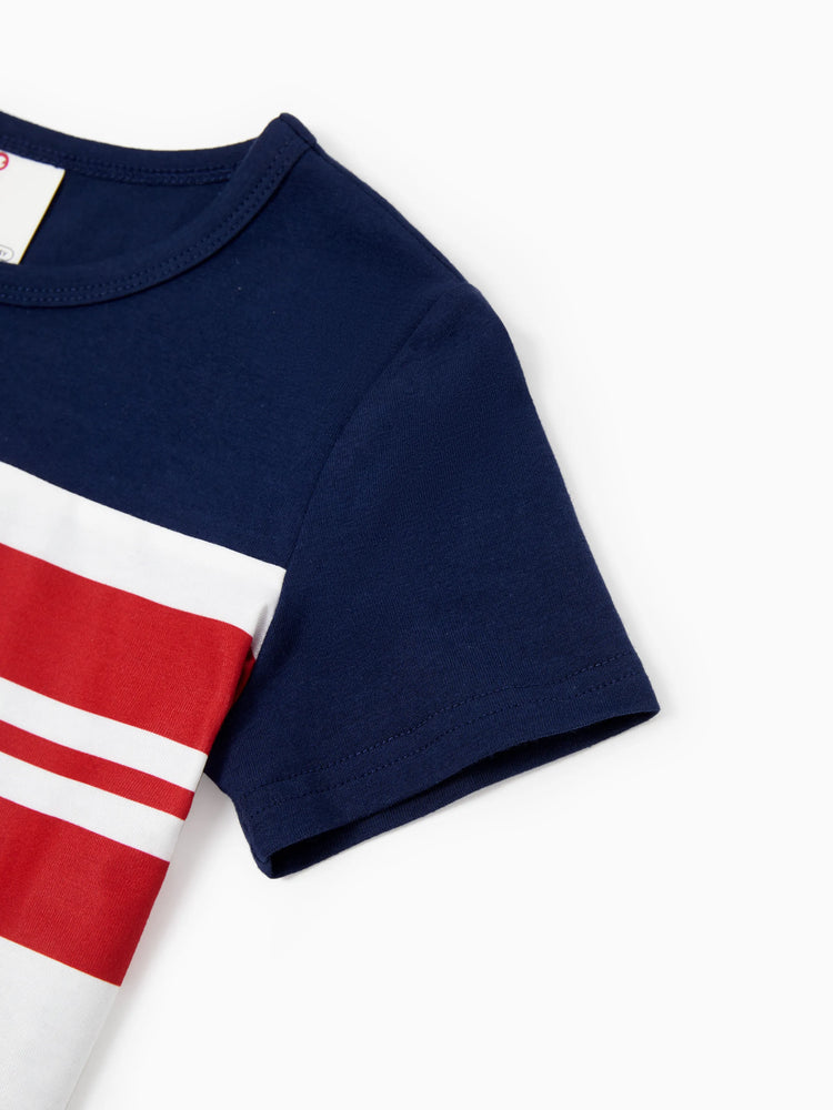 Family Matching Casual Cotton T-shirt or Belted Stripe Dress Set Multi-color