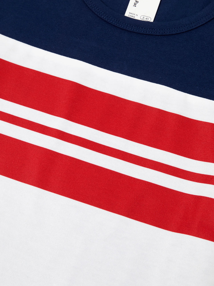 Family Matching Casual Cotton T-shirt or Belted Stripe Dress Set Multi-color